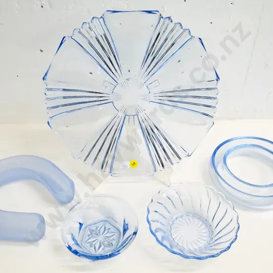 5 pieces of blue depression glass including one frosted item. Plate Diameter 270