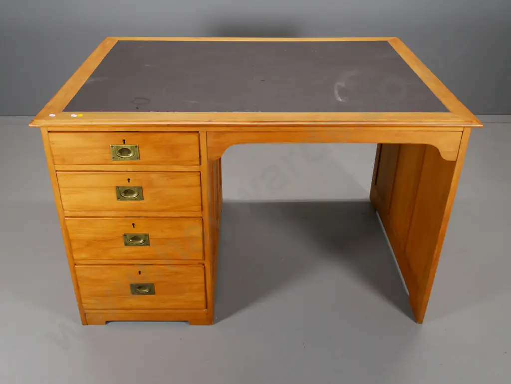 rimu 4 drawer desk with brass handles and vinyl inset H-770 W-1200 D-900 Image 1++