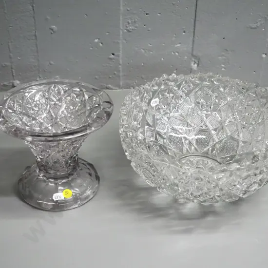 2 ornate moulded glass items - salad bowl D-260 and vase H-150