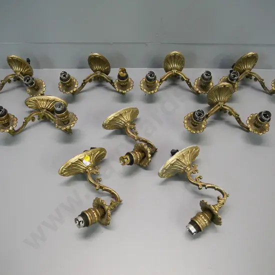 set of 9 cast brass wall mount light fittings - 6 double-light and 3 single - doubles are H-170 W-220