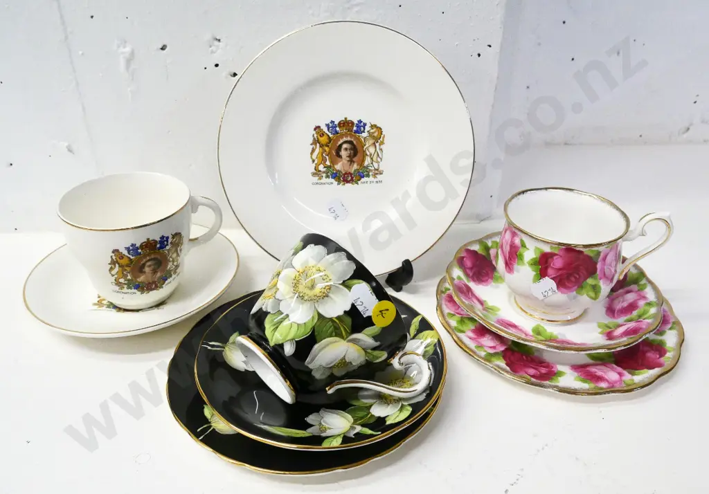 3 trios - Royal Albert Old English Rose, Barratts 1953 Coronation souvenir, Aynsley dogwood pattern Image 1++