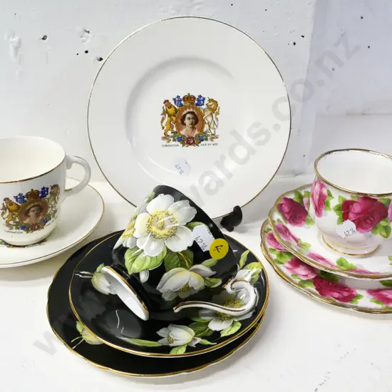 3 trios - Royal Albert Old English Rose, Barratts 1953 Coronation souvenir, Aynsley dogwood pattern