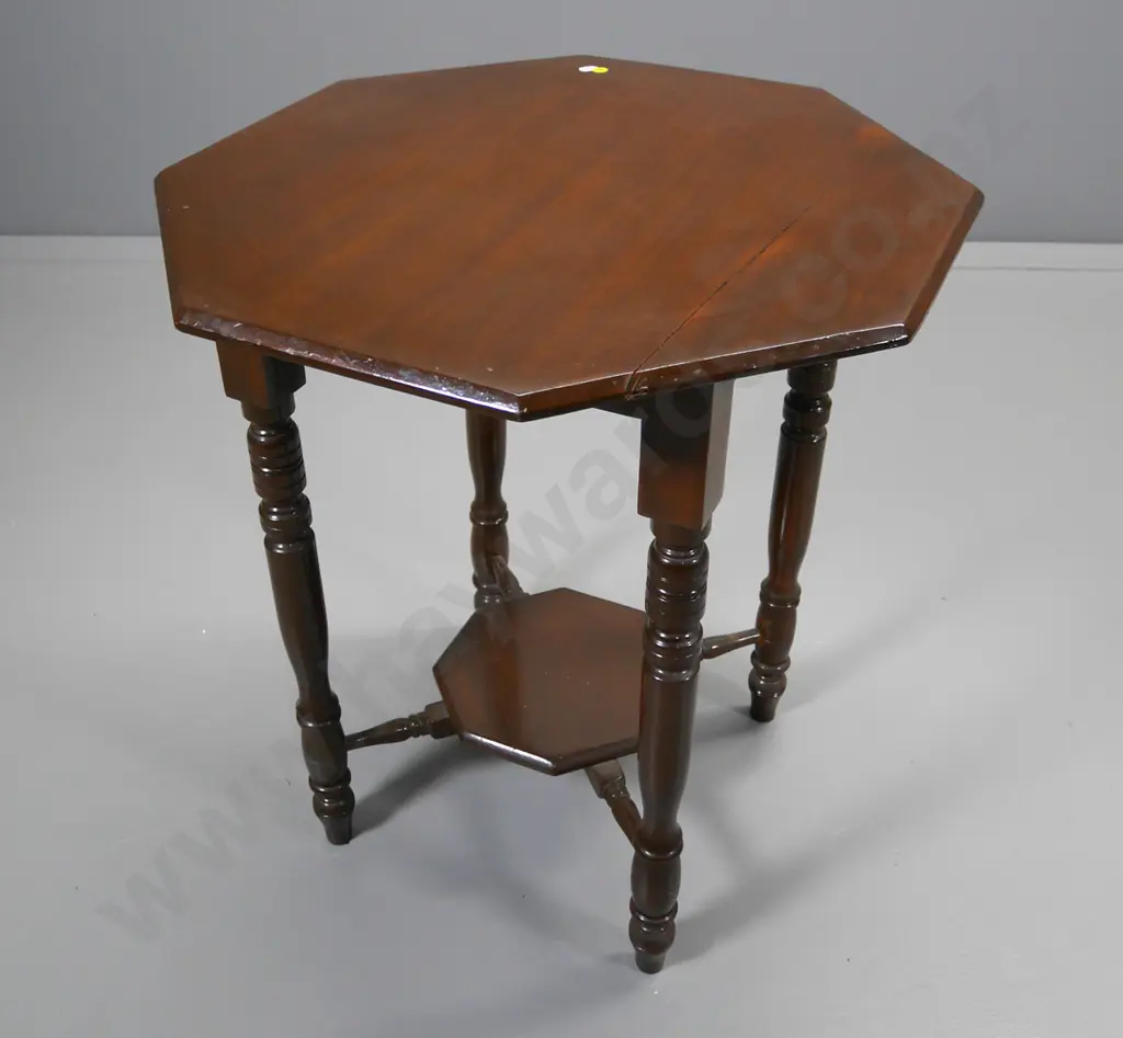 Edwardian dark stained beech octagonal occasional table with lower shelf, some splitting to top H-690 W-580 D-580 Image 1++