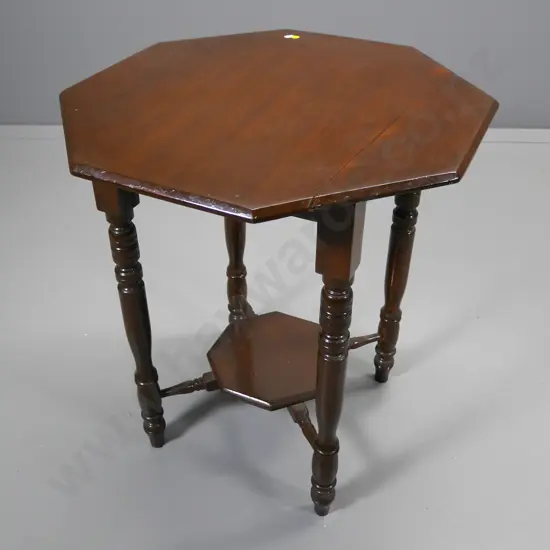 Edwardian dark stained beech octagonal occasional table with lower shelf, some splitting to top H-690 W-580 D-580