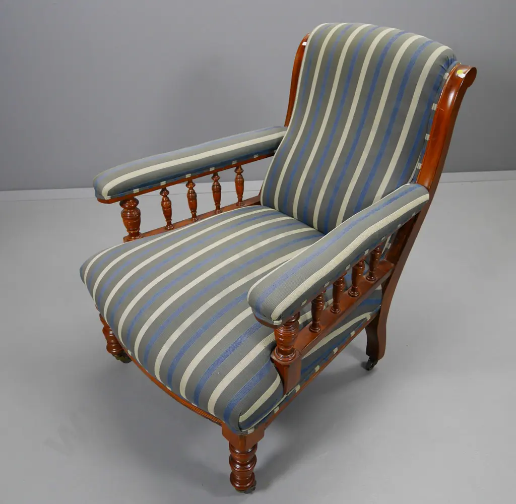 vintage wood-framed armchair w/turned legs & spindle sides, metal casters, striped damask upholstery H940 W730 D800 Image 1++