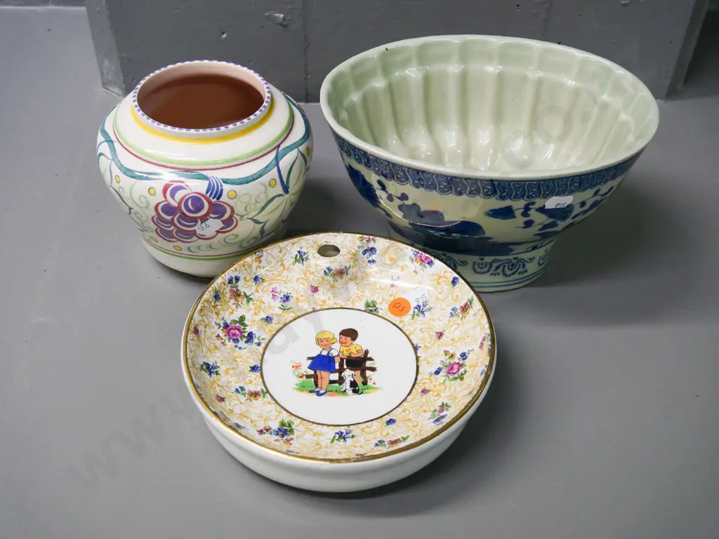 Limoges child's warming dish, English pottery vase, and a Chinese jelly mould H-130 W-210 Image 1++