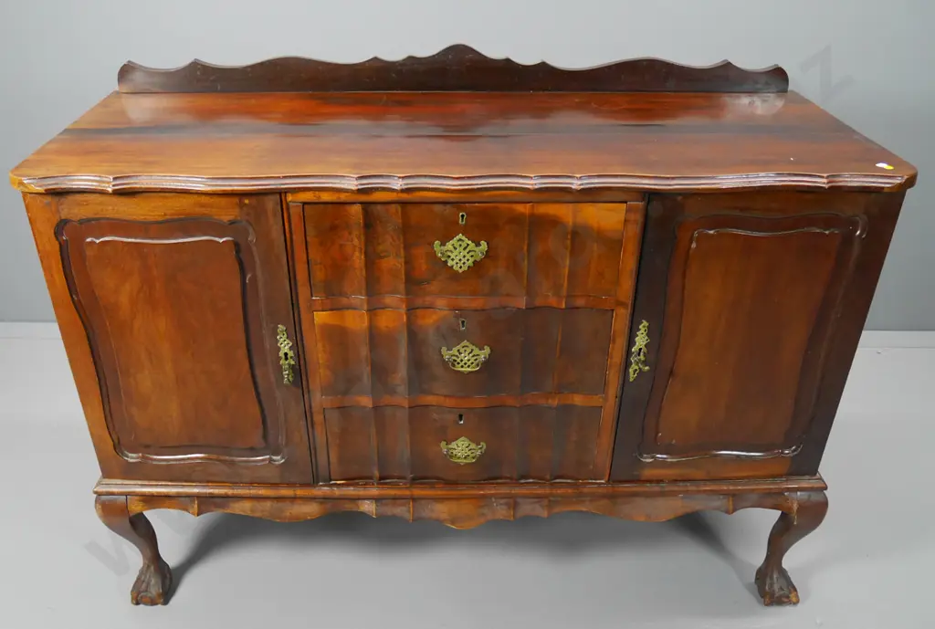 vintage mahogany sideboard w/carved decoration, claw-and-ball feet, has had repairs. missing 1 handle H960 W1370 D500 Image 1++