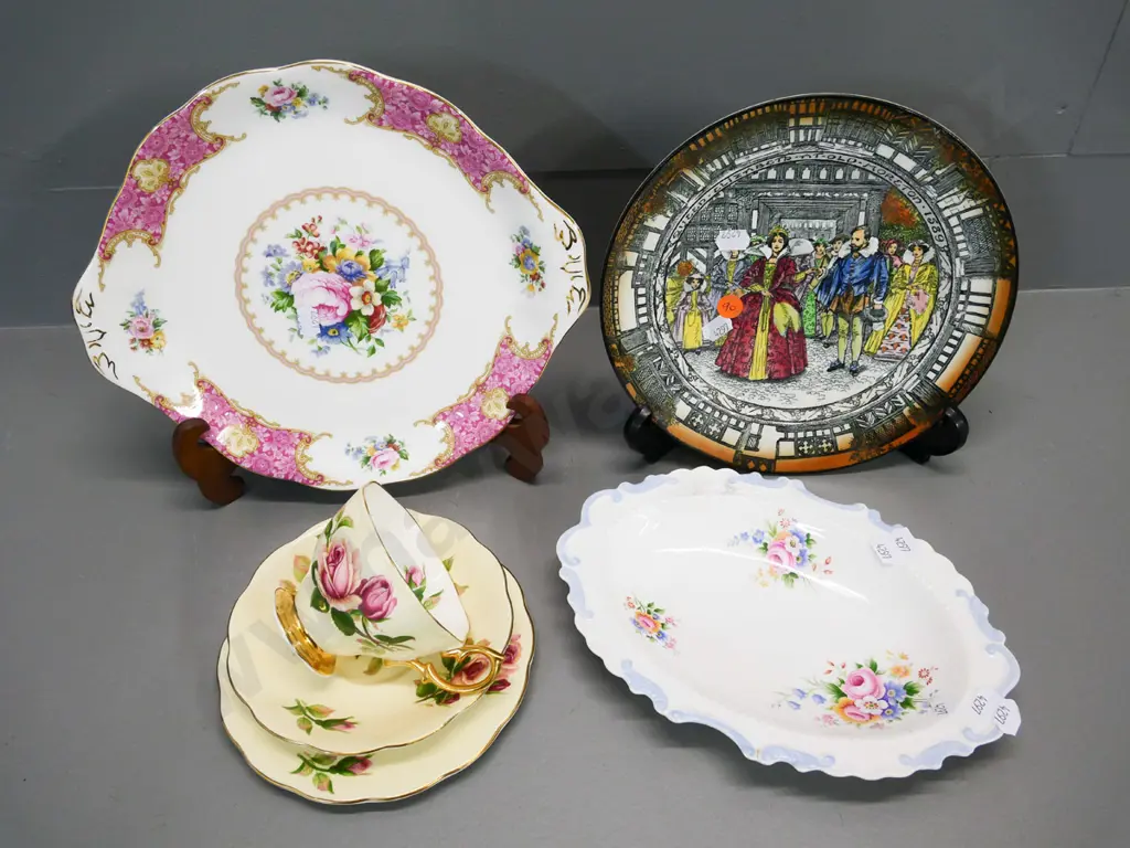 assorted English china - Royal Albert cake plate, biscuit dish, and rose trio, and Royal Doulton Old Moreton plate Image 1++