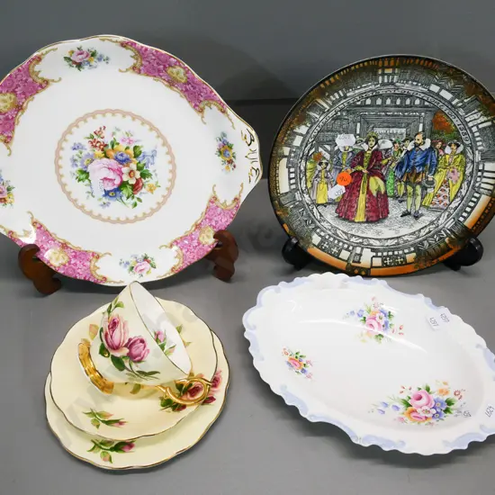 assorted English china - Royal Albert cake plate, biscuit dish, and rose trio, and Royal Doulton Old Moreton plate