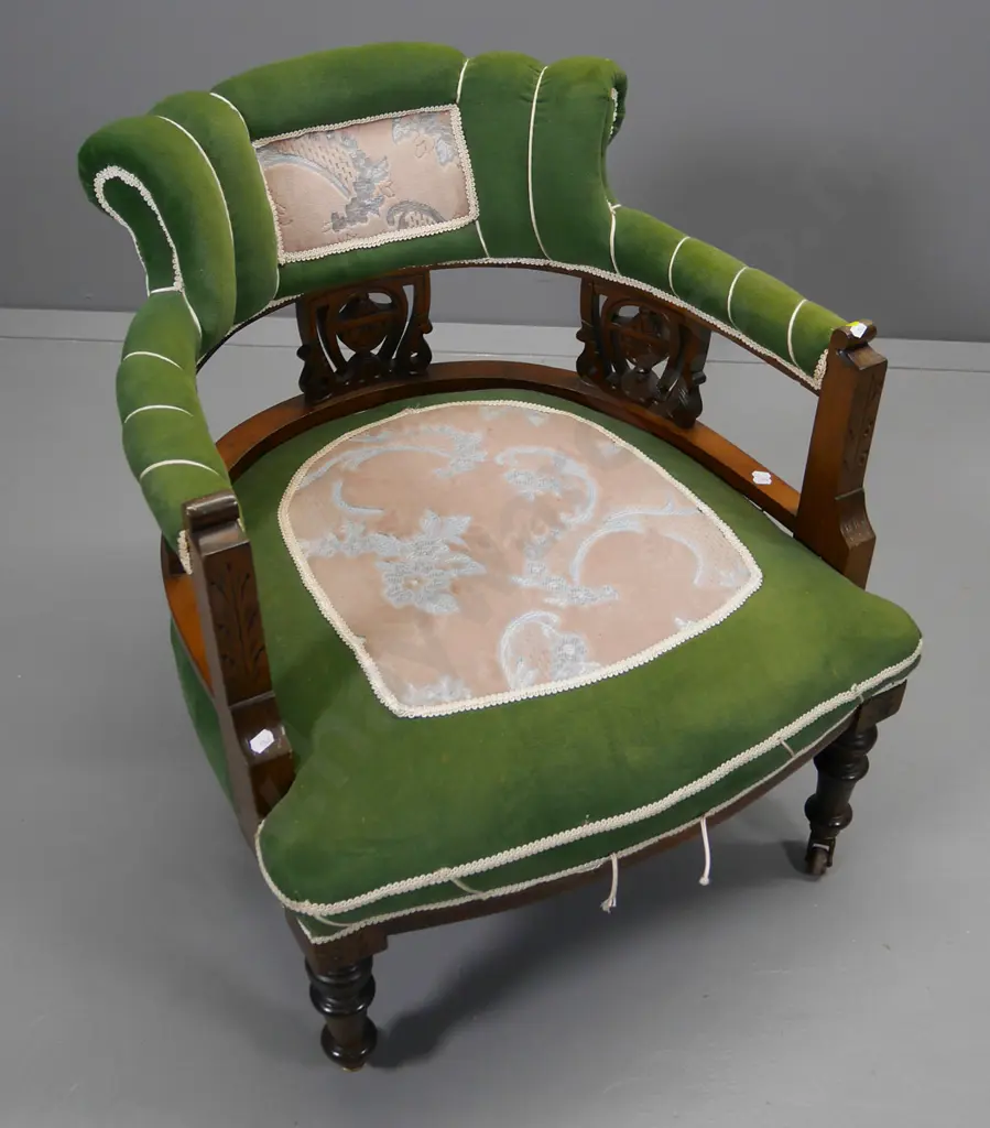 vintage tub chair with carved splats, turned legs, on porcelain casters, some wear to upholstery H-700 W-620 D-620 Image 1++