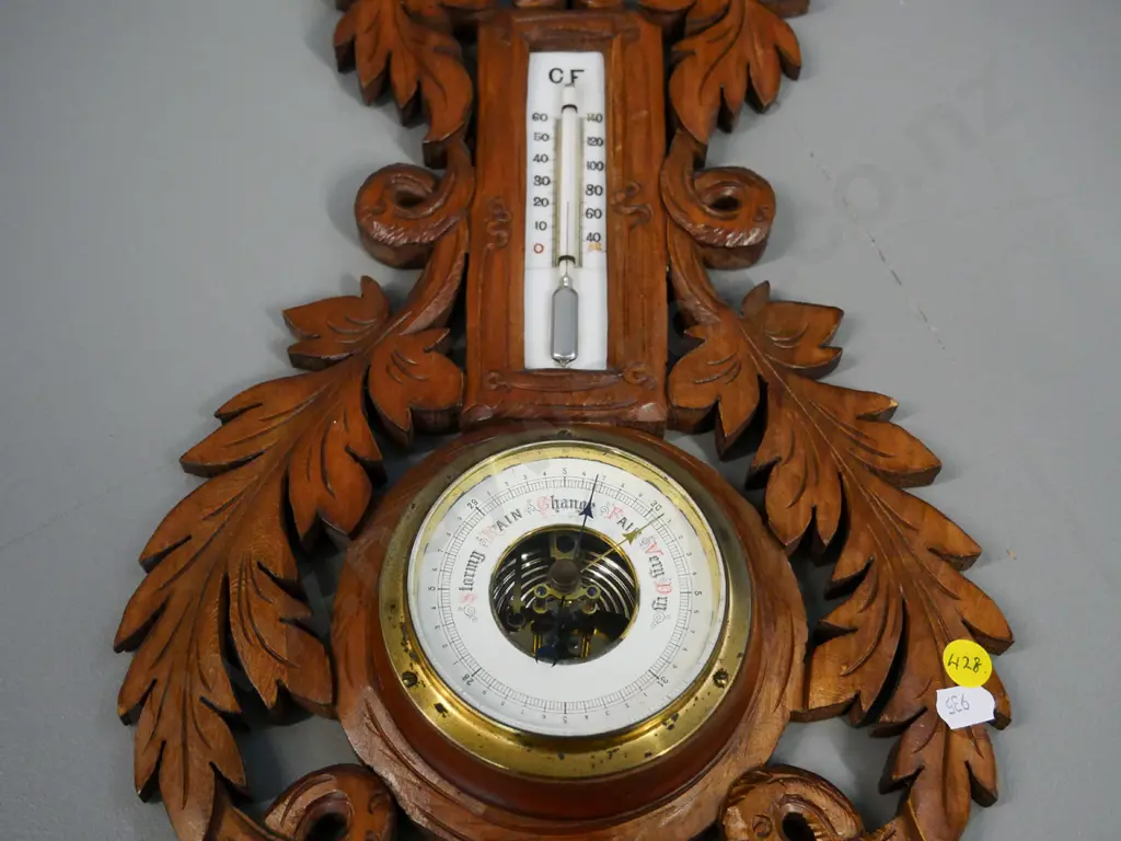 carved wood-framed wall barometer-thermometer H-440 W-240 Image 1++