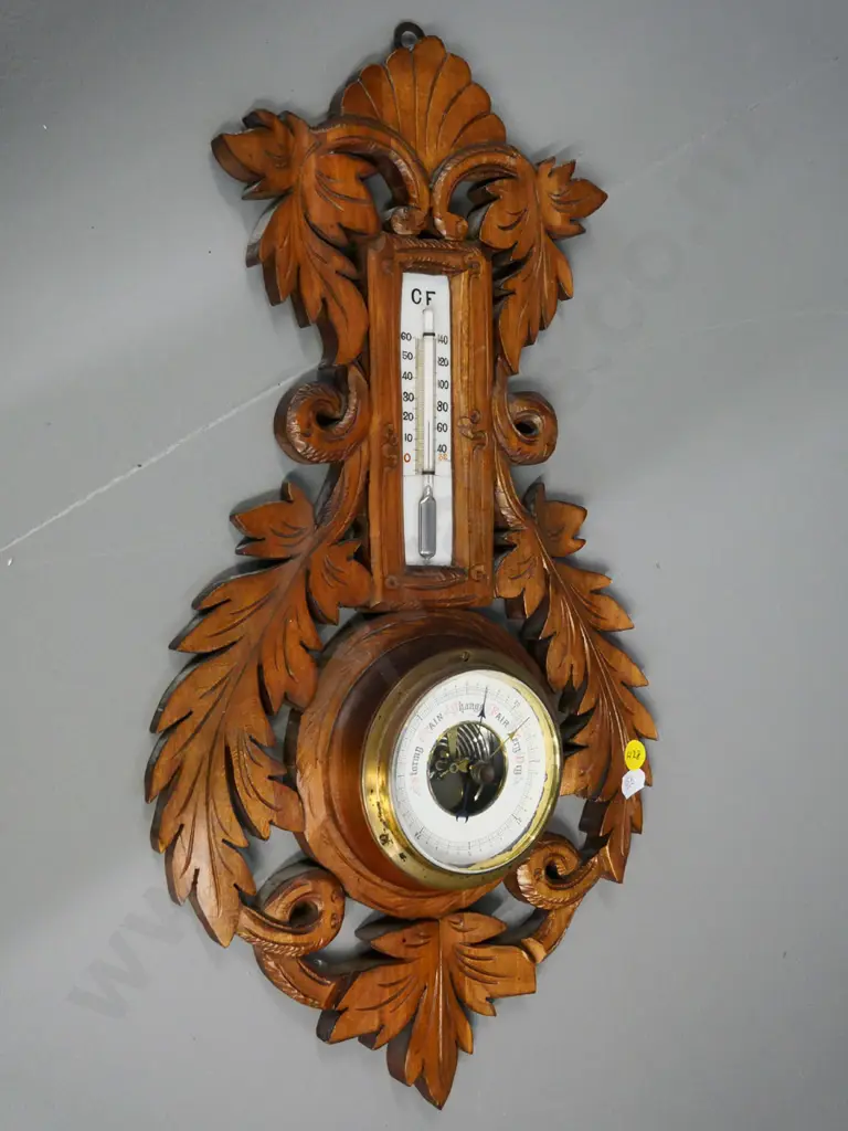 carved wood-framed wall barometer-thermometer H-440 W-240 Image 1++