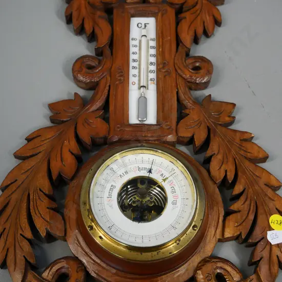 carved wood-framed wall barometer-thermometer H-440 W-240