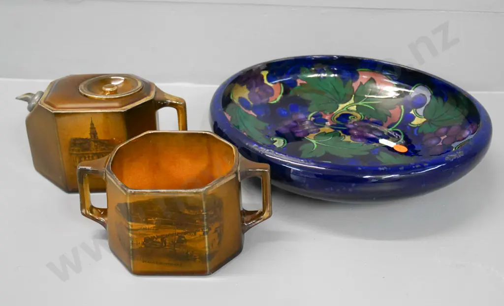 Royal Stanley Jacobean grape patterned bowl - slight fault to glaze, Souvenir ware teapot and sugar Image 1++