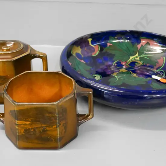 Royal Stanley Jacobean grape patterned bowl - slight fault to glaze, Souvenir ware teapot and sugar