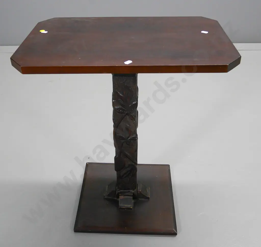 dark stained pedestal side table or stand with chip-carved column base H-620 W-530 D-320 Image 1++