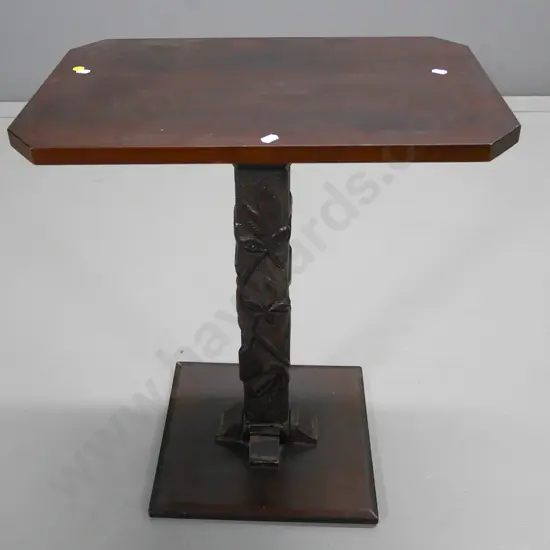dark stained pedestal side table or stand with chip-carved column base H-620 W-530 D-320