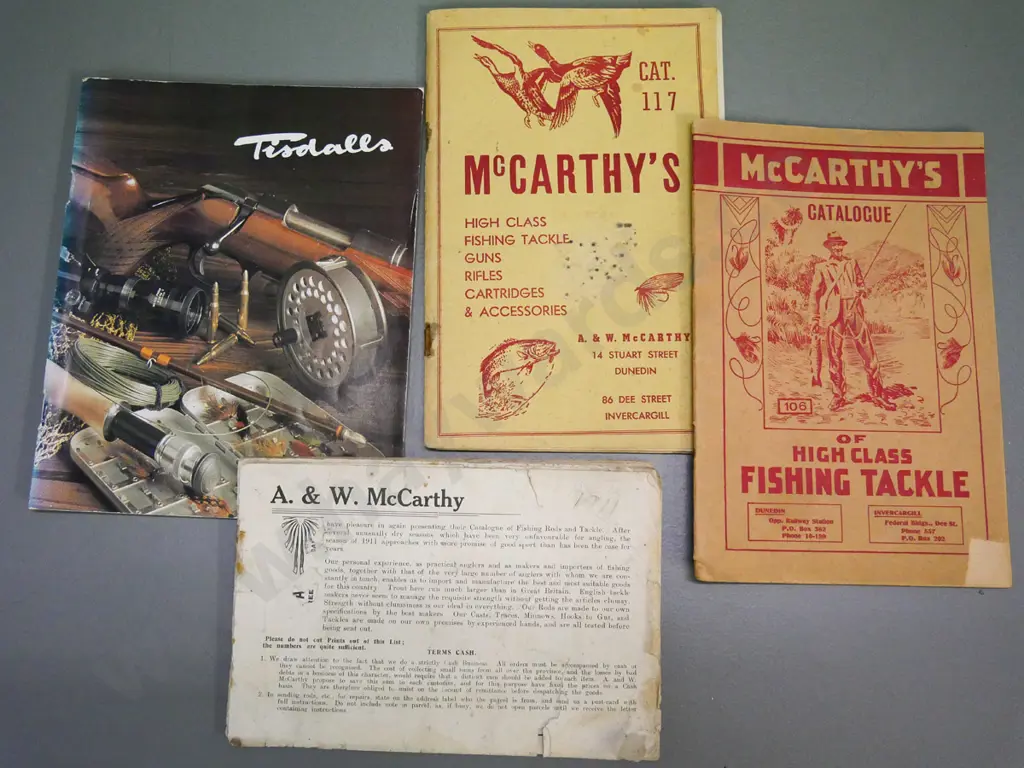 4 vintage fishing equipment catalogues - 3 McCarthy's Dunedin (1911 is missing cover) and one Tindall's Image 1++