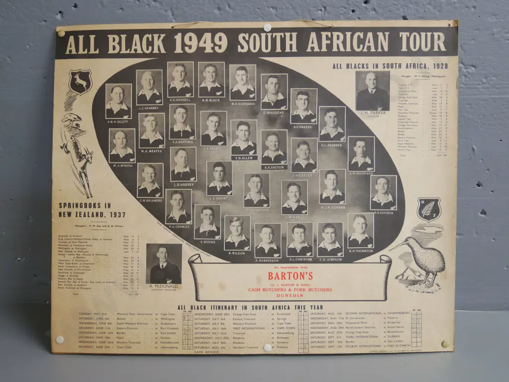 mounted poster of All Black 1949 South African Tour - sponsored by Barton Butchers (slight foxing) Image 1++
