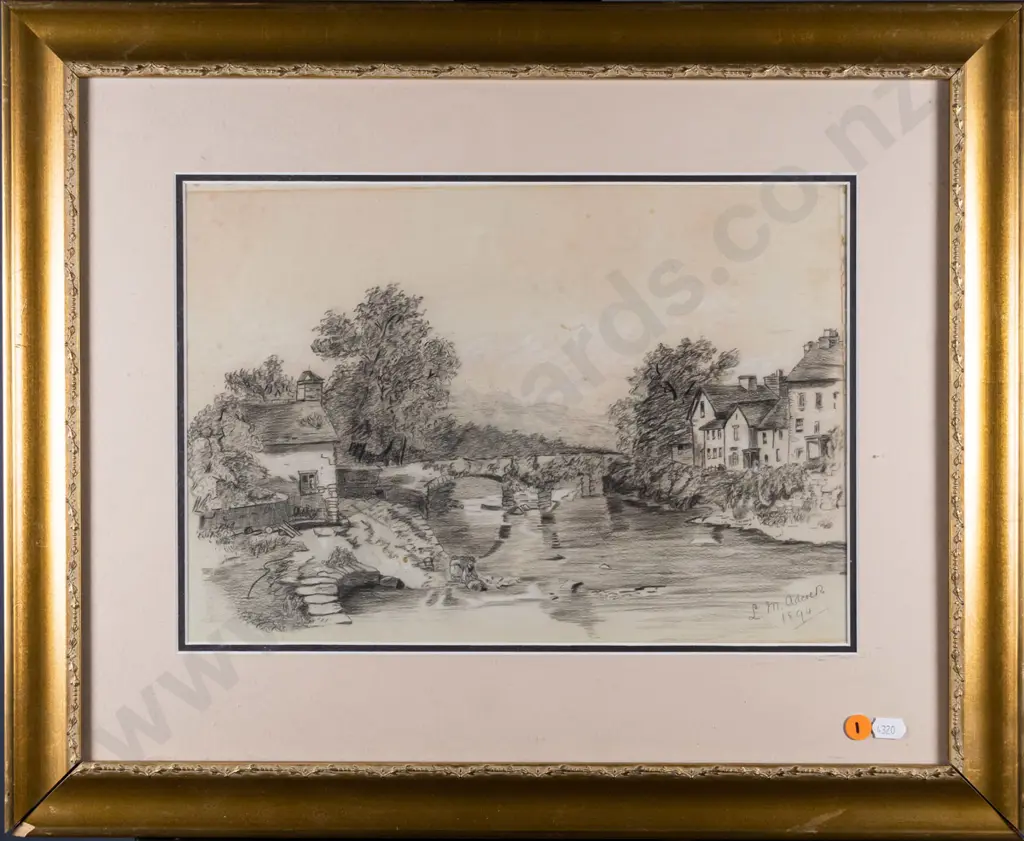 framed pencil (1894) - river and village scene H-250 W-360 Image 1++