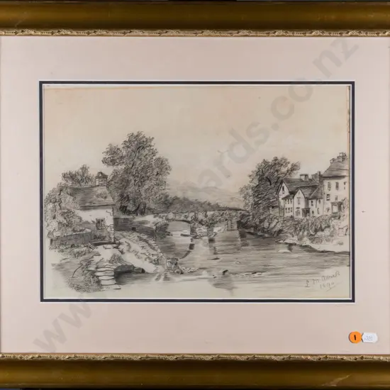 framed pencil (1894) - river and village scene H-250 W-360