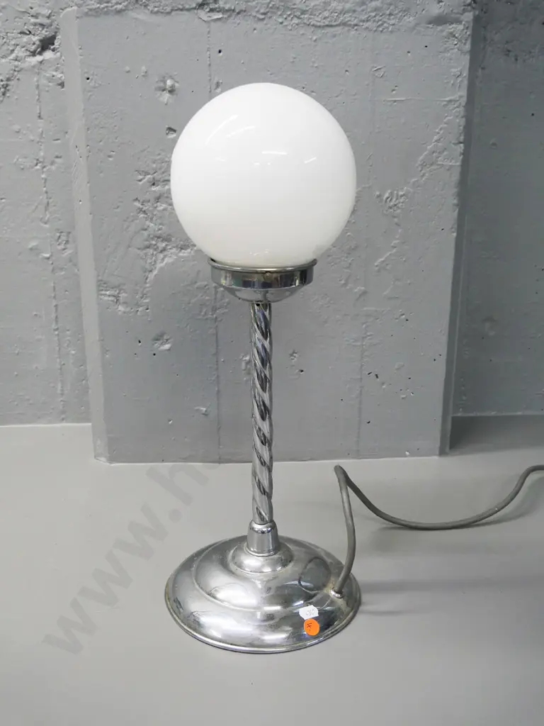 deco chrome twist column lamp base with milk glass globe shade - restorer's condition, loose top H-450 Image 1++