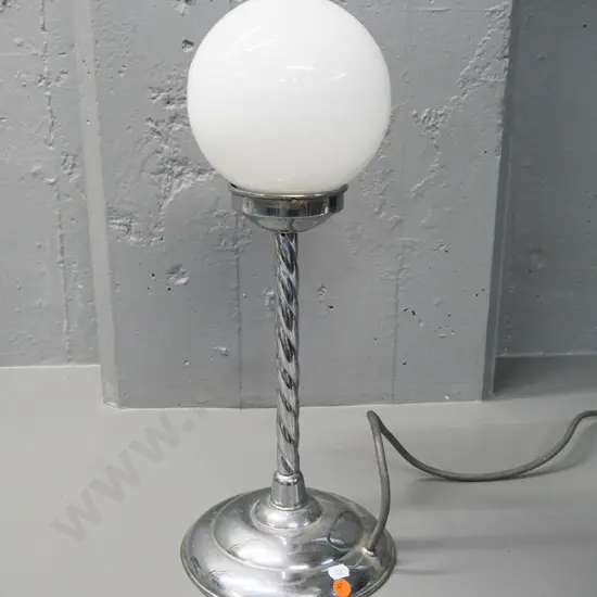 deco chrome twist column lamp base with milk glass globe shade - restorer's condition, loose top H-450