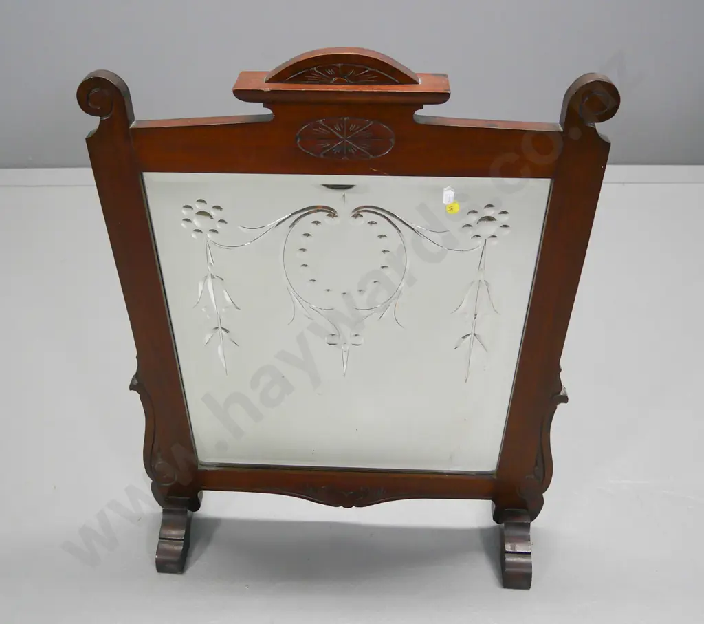 vintage carved timber fire guard with bevelled & mirrored cut glass panel H-780 W-560 Image 1++