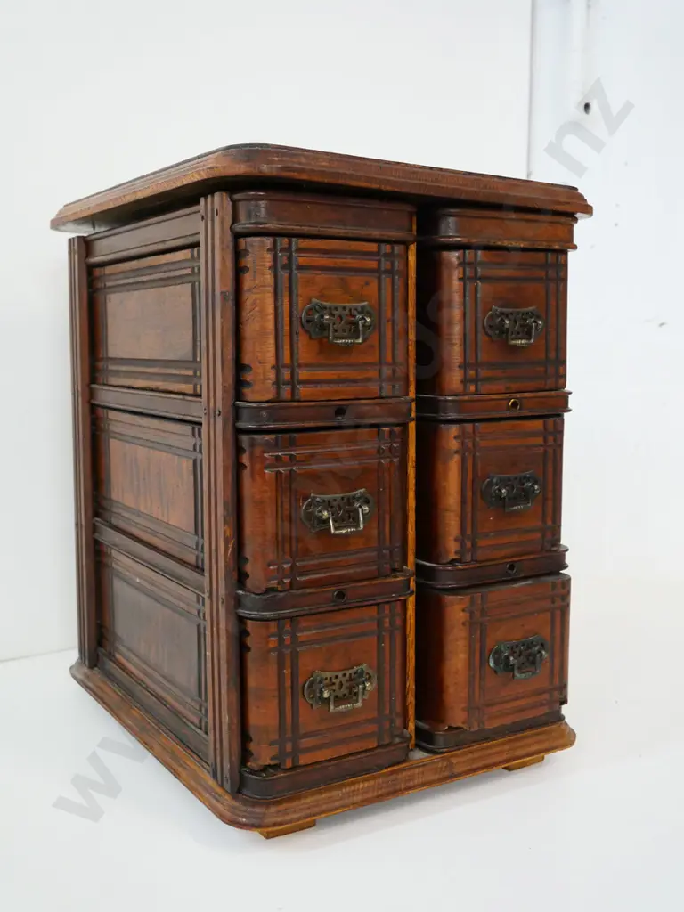 small dark-stained cabinet made from 6 sewing machine drawers - top sitting loose H-450 W-300 D-400 Image 1++