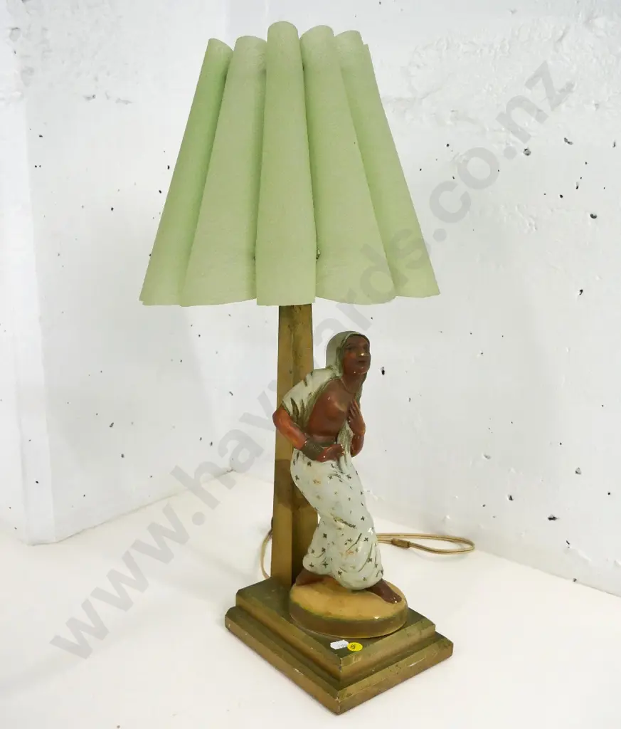 wooden lamp base with plaster figure and plastic shade - some chips to figure, needs rewiring H-600 W-150 D-180 at base Image 1++