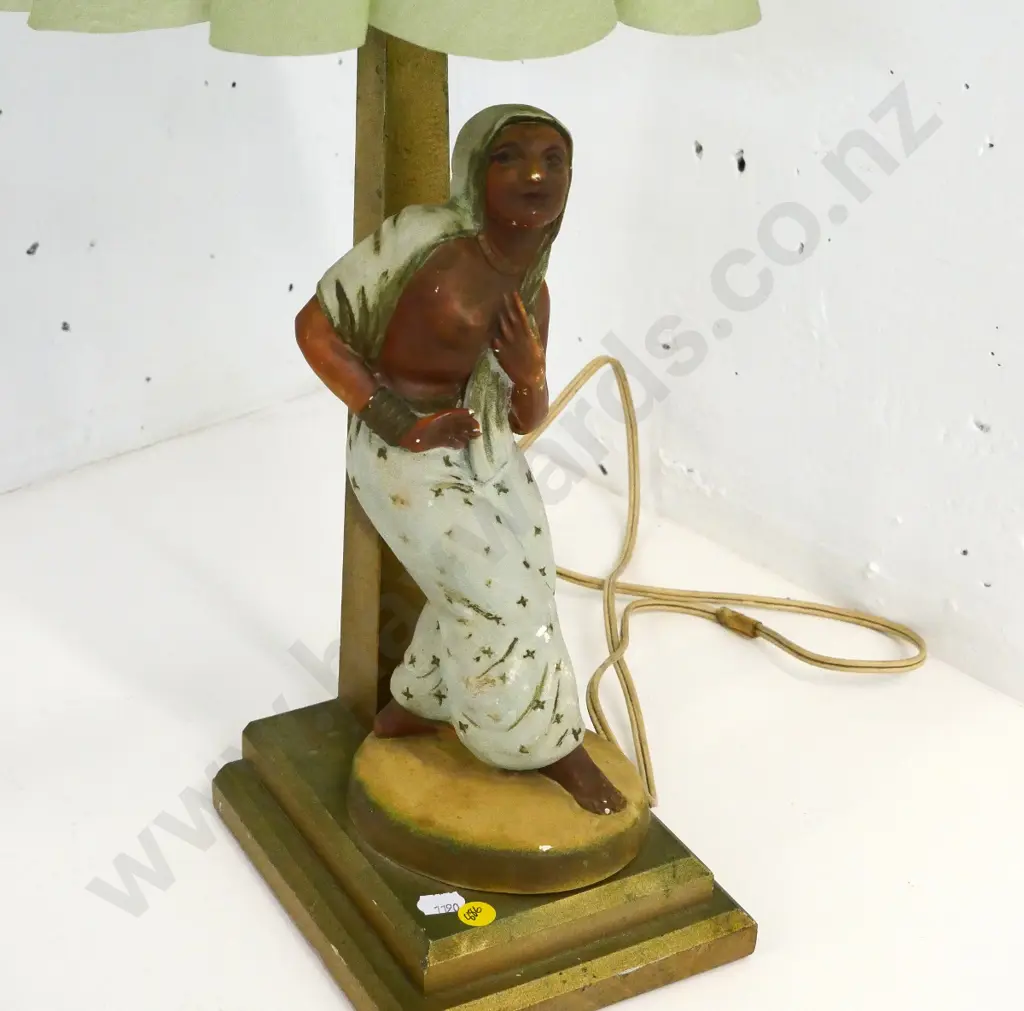 wooden lamp base with plaster figure and plastic shade - some chips to figure, needs rewiring H-600 W-150 D-180 at base Image 1++