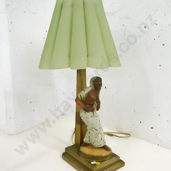 wooden lamp base with plaster figure and plastic shade - some chips to figure, needs rewiring H-600 W-150 D-180 at base