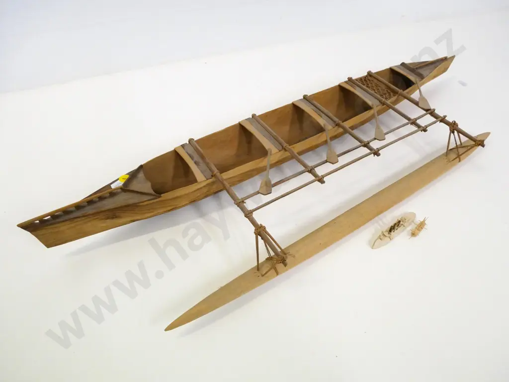 wooden model of an outrigger canoe and 2 tiny balsa wood ship models. Canoe is H-80 L-770 W-230 Image 1++