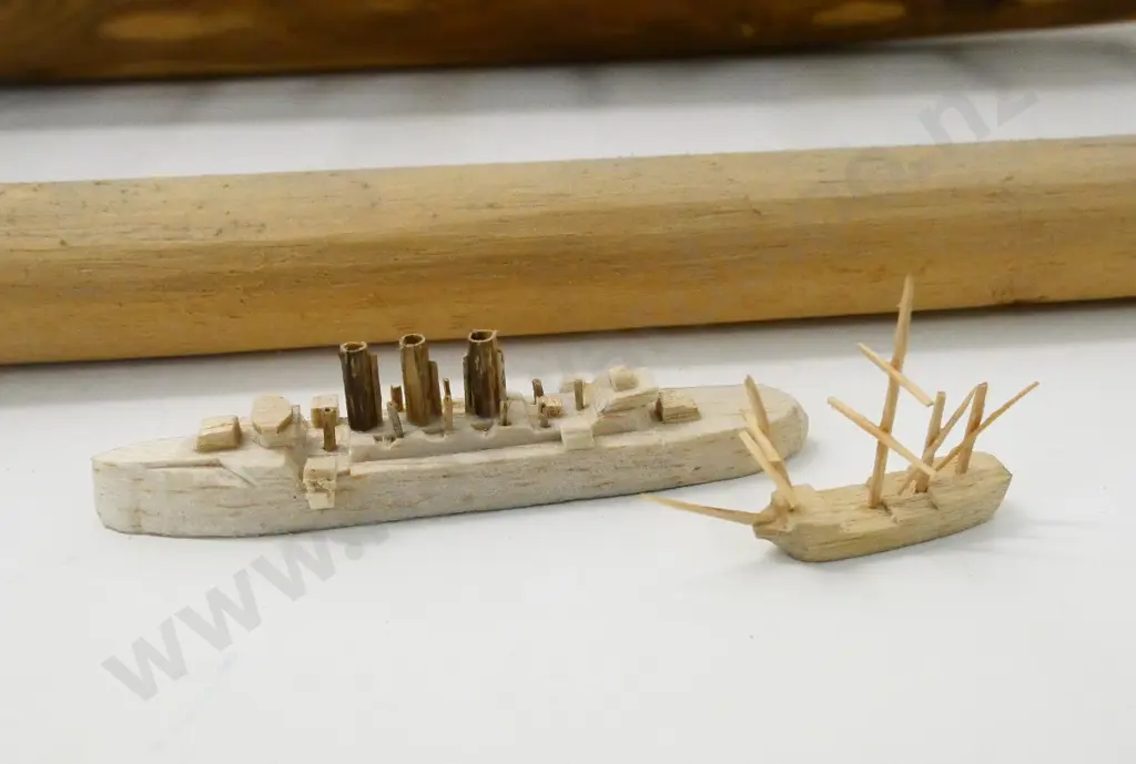 wooden model of an outrigger canoe and 2 tiny balsa wood ship models. Canoe is H-80 L-770 W-230 Image 1++