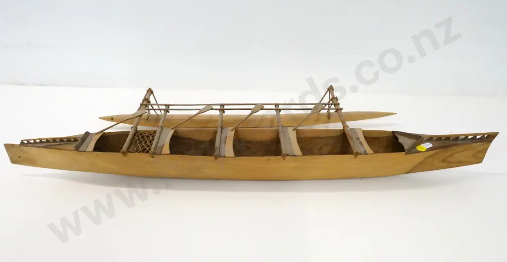 wooden model of an outrigger canoe and 2 tiny balsa wood ship models. Canoe is H-80 L-770 W-230 Image 1++