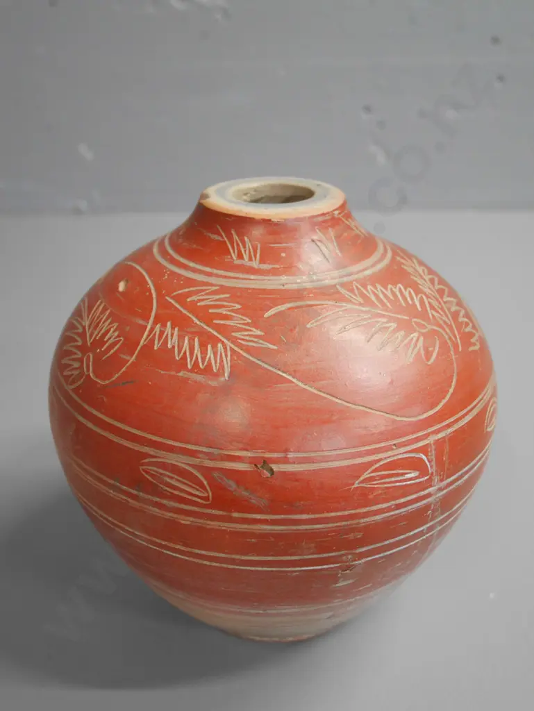 studio pottery vase with etched design (small chip on rim)  - Columbo 1943 in base H-200 W-180 Image 1++