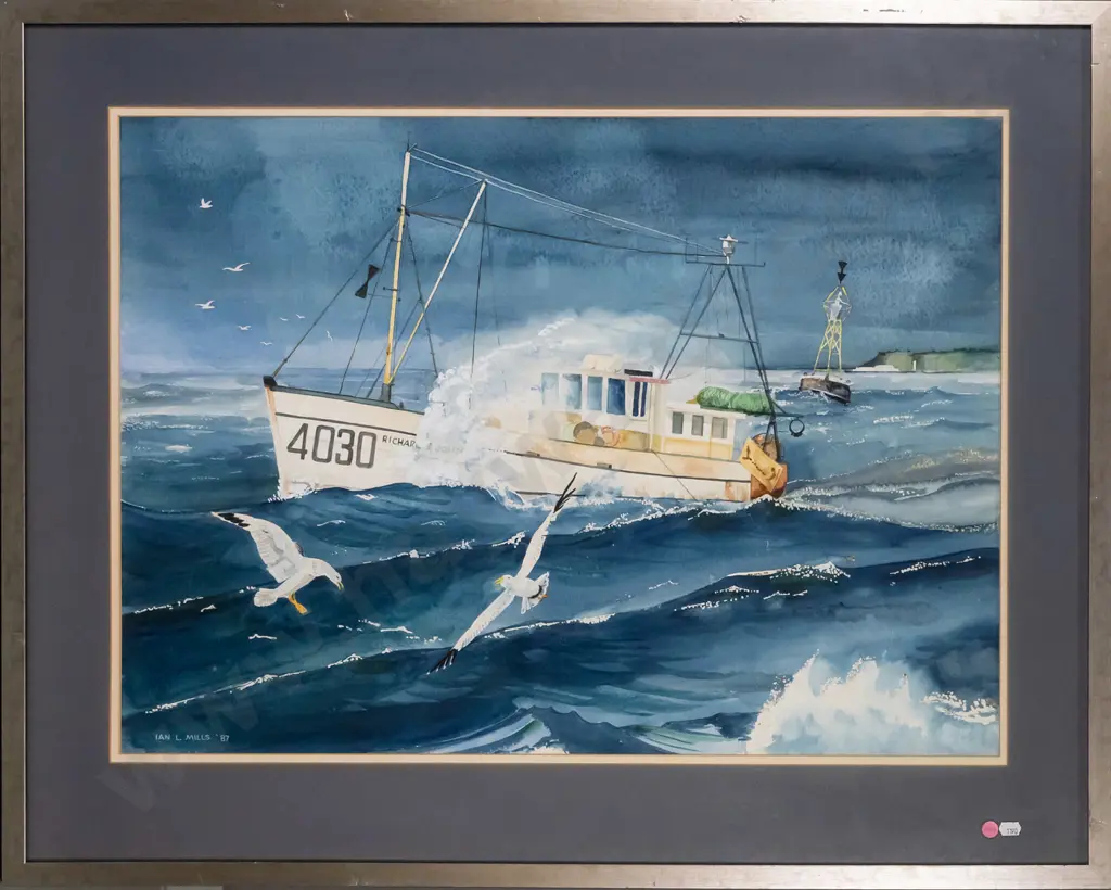 Ian L Mills '87 - framed watercolour - fishing boat H-520 W-720 Image 1++