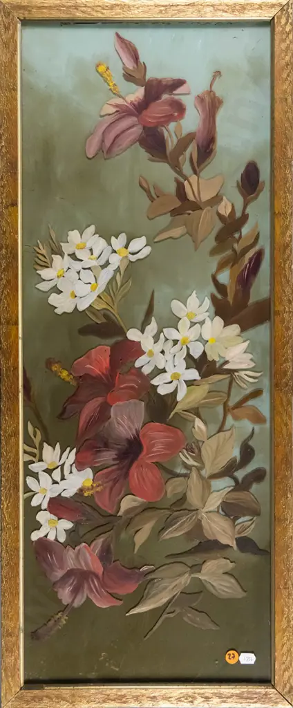 gilt framed painting on glass - flowers H-710 W-270 Image 1++