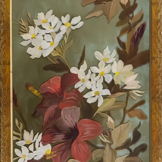 gilt framed painting on glass - flowers H-710 W-270