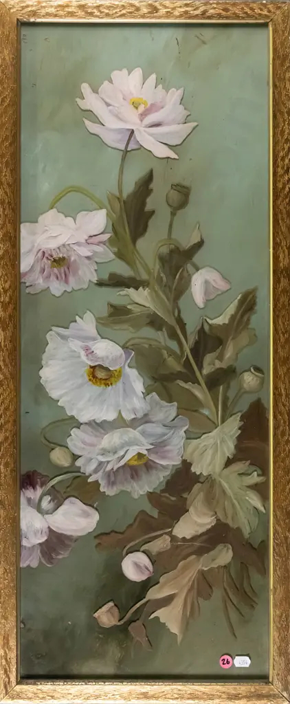 gilt framed painting on glass - flowers H-710 W-270 Image 1++