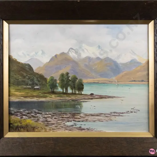 F Brookesmith 1928 - framed oil - Mount Earnslaw from the mouth of Greenstone H-270 W-250