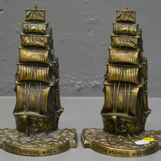 pair of cast brass ship-themed book-ends - both marked 'The Iron Barque Macquarie' H-170