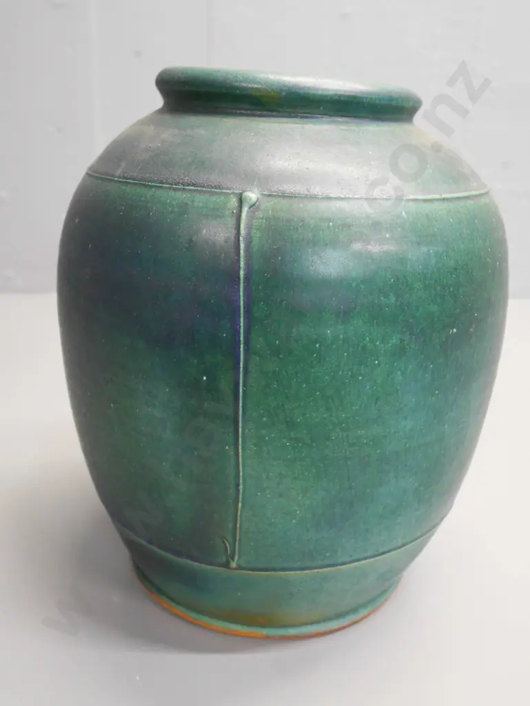 studio pottery green glazed vase - signed E Fisher H-280 Diam-210 Image 1++