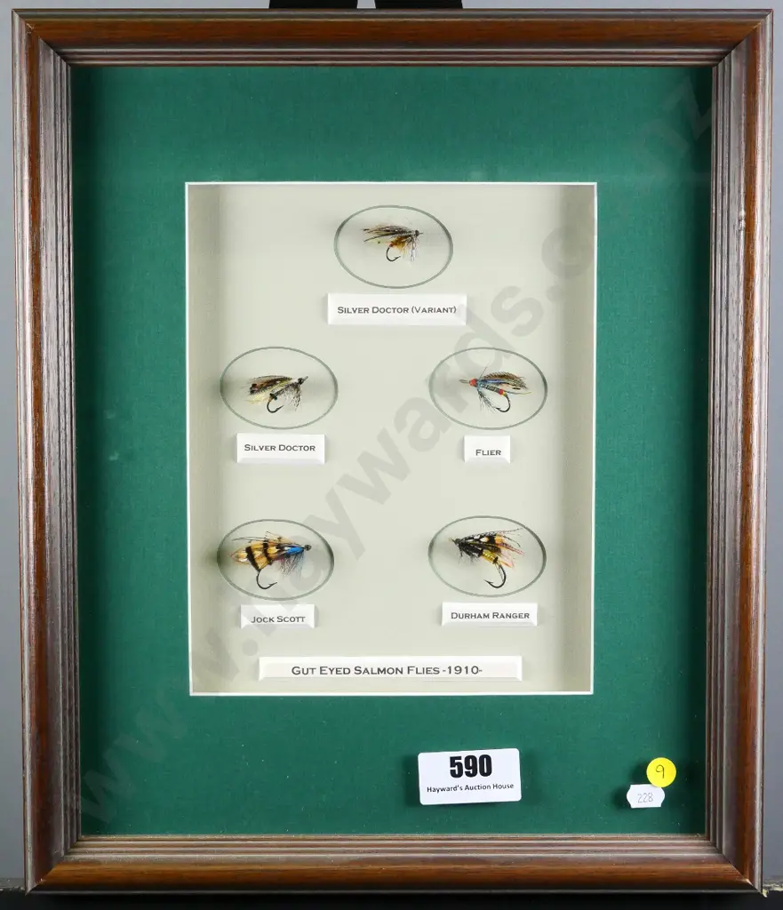 framed display of mounted fishing flies - Gut-eyed salmon fly designs circa 1910, modern frame H-400 W-350 Image 1++