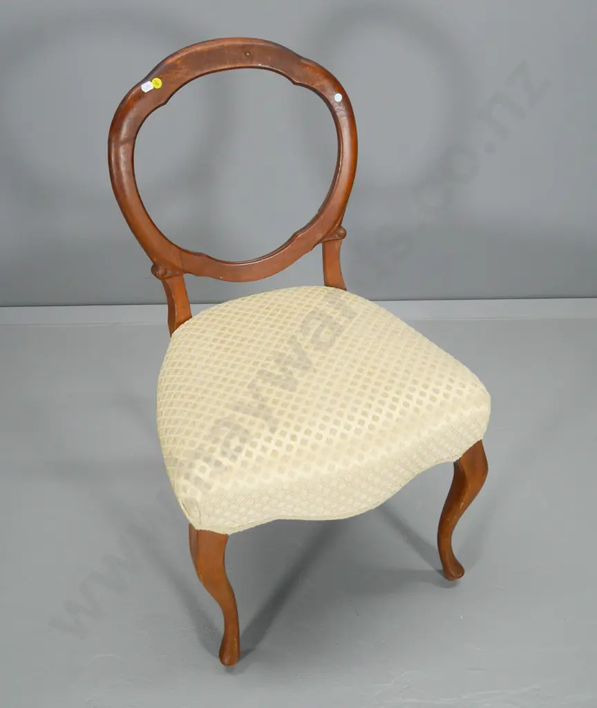 Victorian mahogany balloon-back dining chair with cream damask seat - wear to polish at top H-850 W-460 D-450 Image 1++