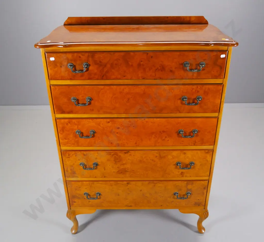 mahogany 5-drawer tallboy w/ burr walnut top and drawer fronts - some marks to top H-1150 W-810 D-430 Image 1++