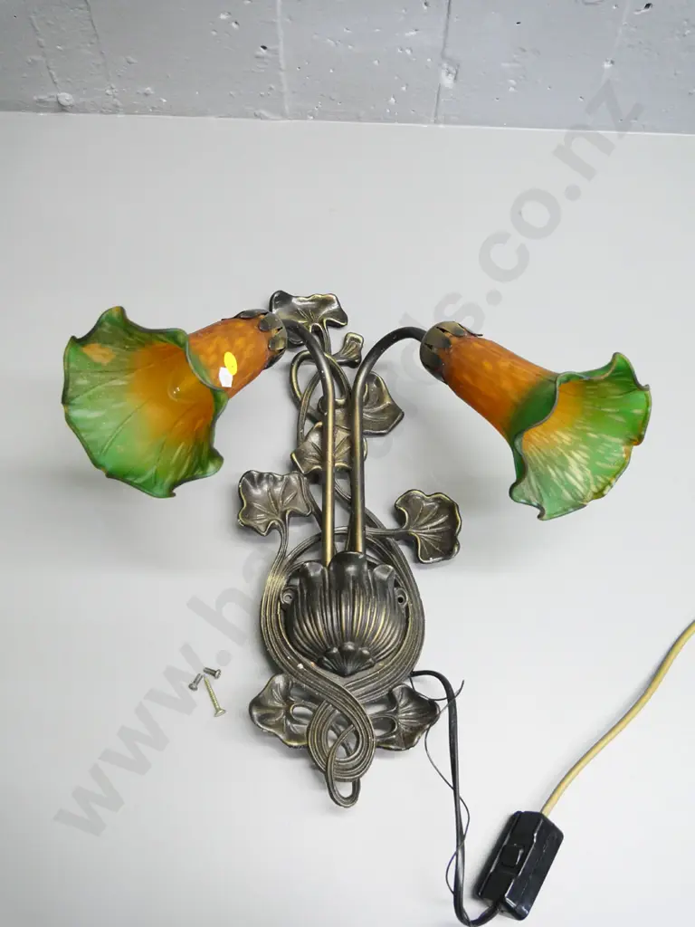 cast metal 2-light wall sconce with green and orange lily shaped shades, needs rewiring H-420 W-370 Image 1++