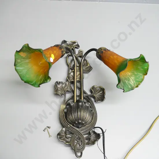 cast metal 2-light wall sconce with green and orange lily shaped shades, needs rewiring H-420 W-370