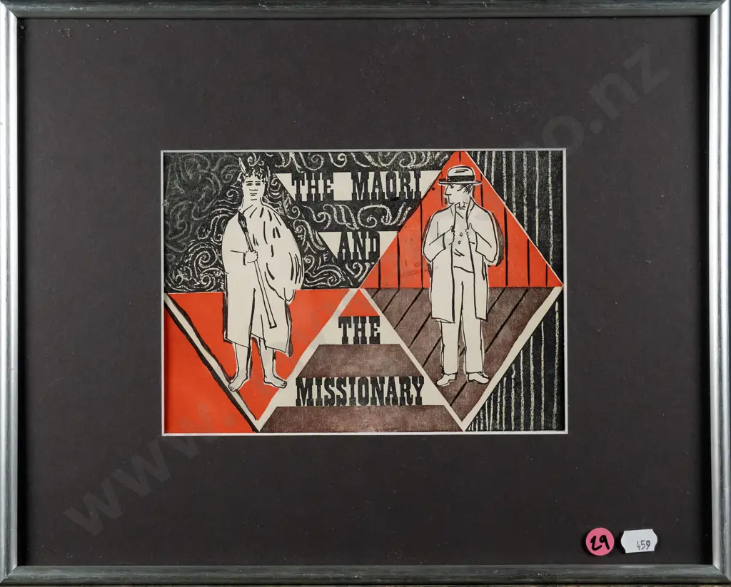 framed School Bulletin Cover 1954 by Nan Reid - "The Maori and the Missionary" H-140 W-200 Image 1++