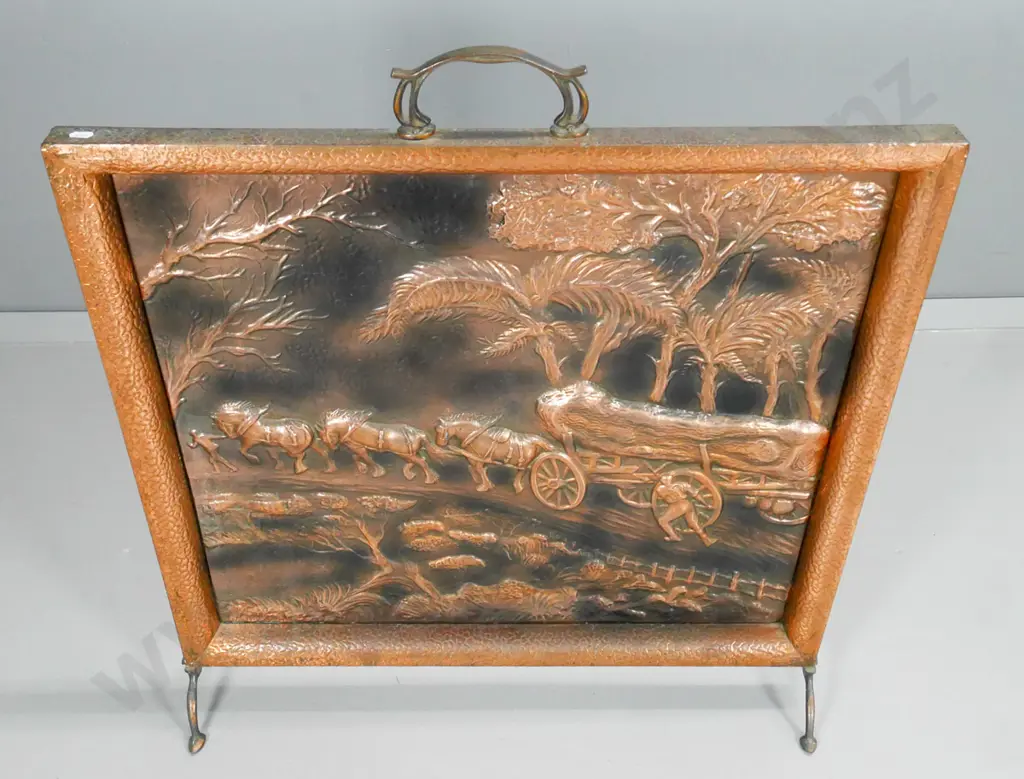 beaten copper fireguard - logging scene H-790 W-700 Image 1++